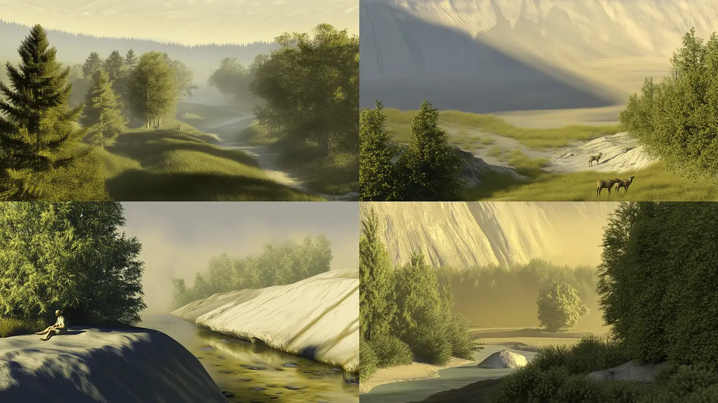 Luminous Pastoral Serenity: A Consistent Harmony in Landscape and Light - Midjourney sref style