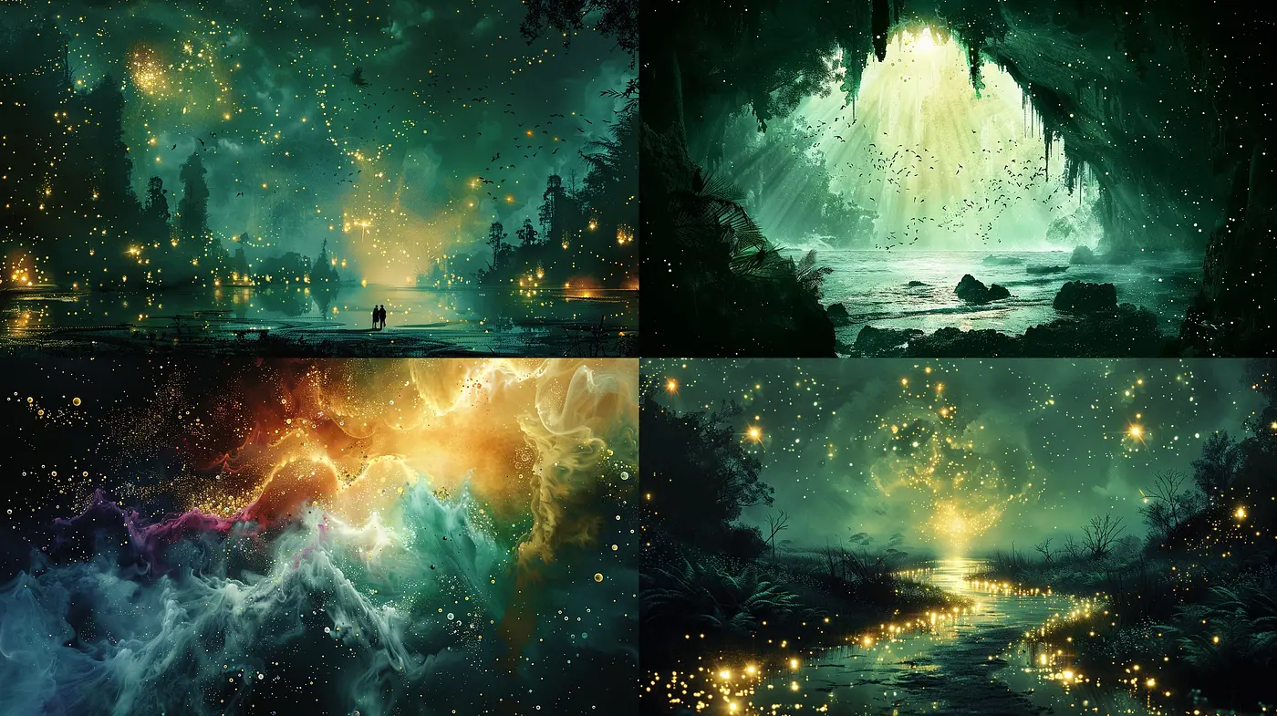 Ethereal Glow of Serenity: A Symphony of Twilight Hues and Dappled Light - Midjourney sref style