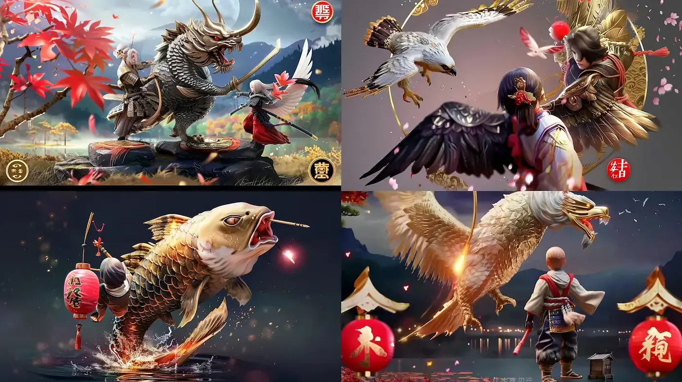 Dynamic and ornate digital illustrations with Eastern mythology themes - Midjourney sref style