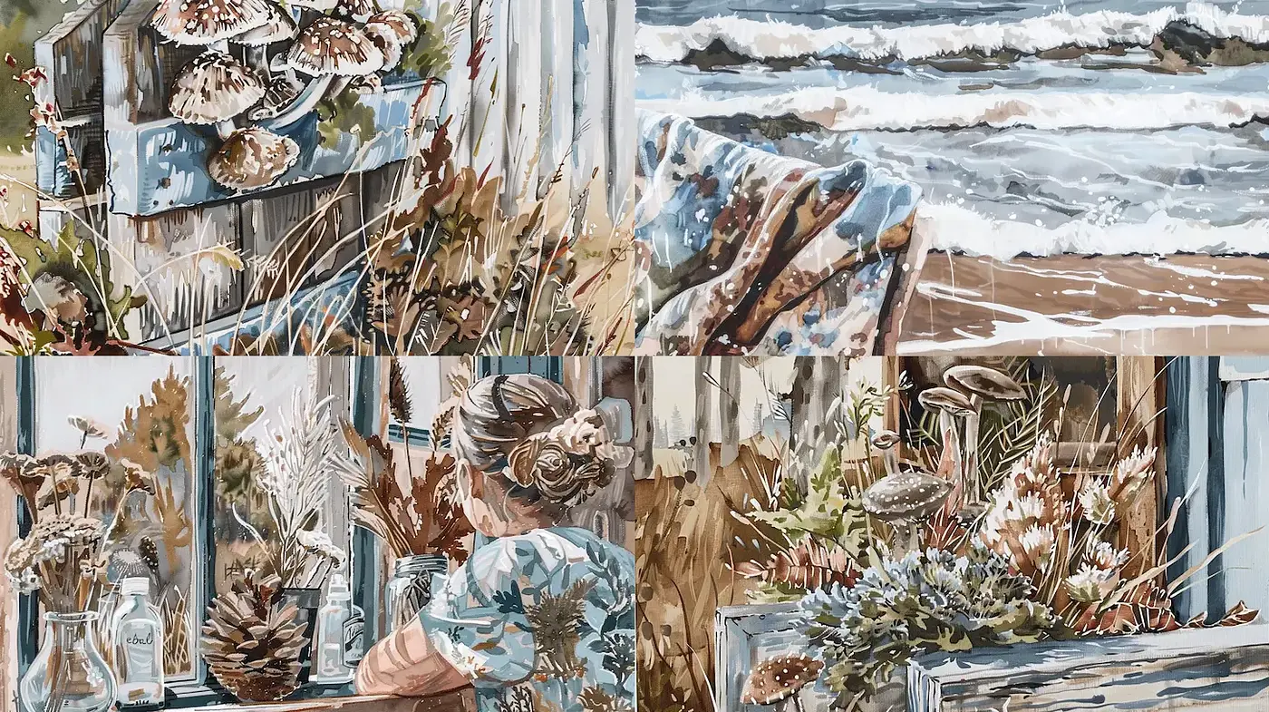 Quaint Coastal Aesthetic with Natural Elements in Soft Earthy Tones - Midjourney sref style