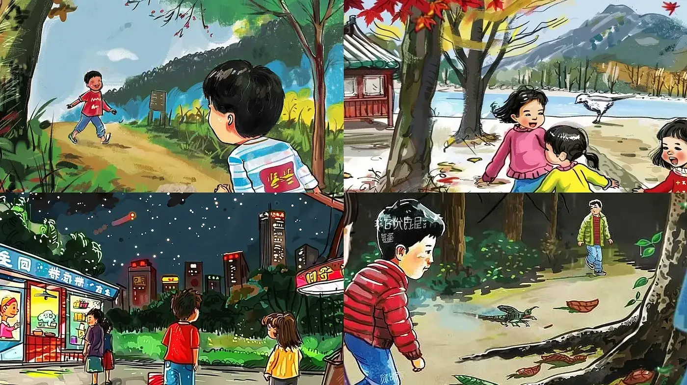 Colorful, whimsical children's illustrations with a playful atmosphere - Midjourney sref style