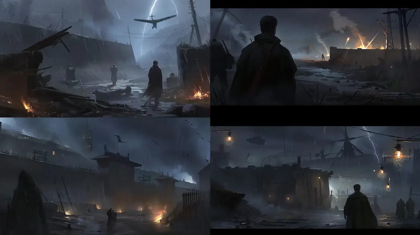 Dynamic and Dramatic Atmospheric Scene with a Gloomy Undertone - Midjourney sref style