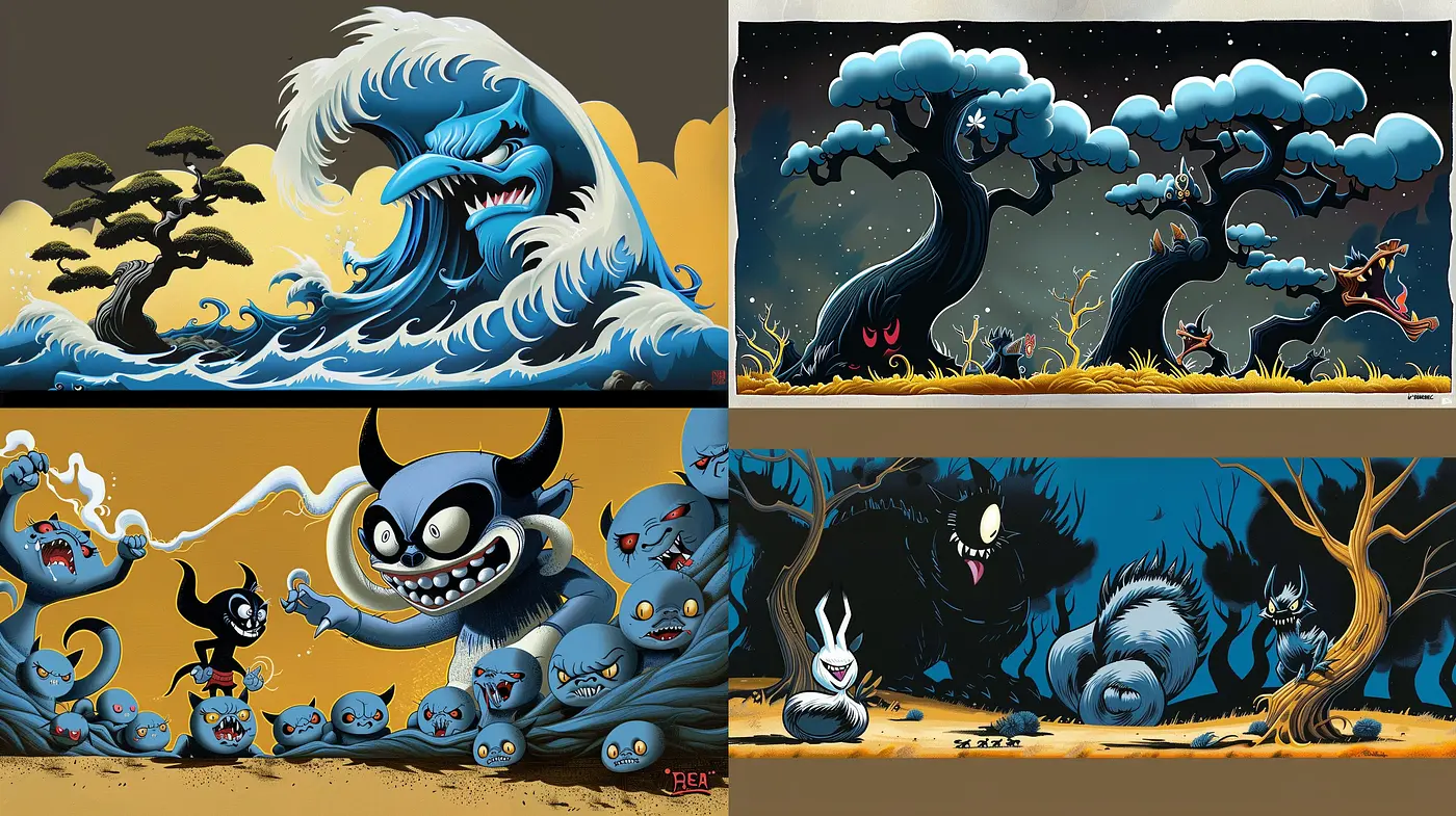 Spectral Animation: A Fusion of Eerie Cartoons and Sinister Surrealism - Midjourney sref style