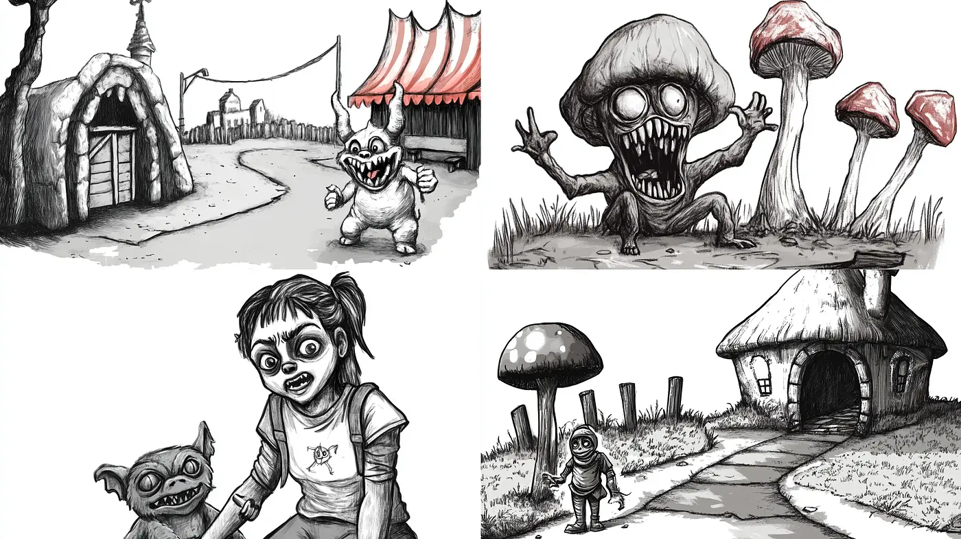 Monochromatic Whimsy: A Fusion of Gothic and Cartoon Elements in Greyscale - Midjourney sref style