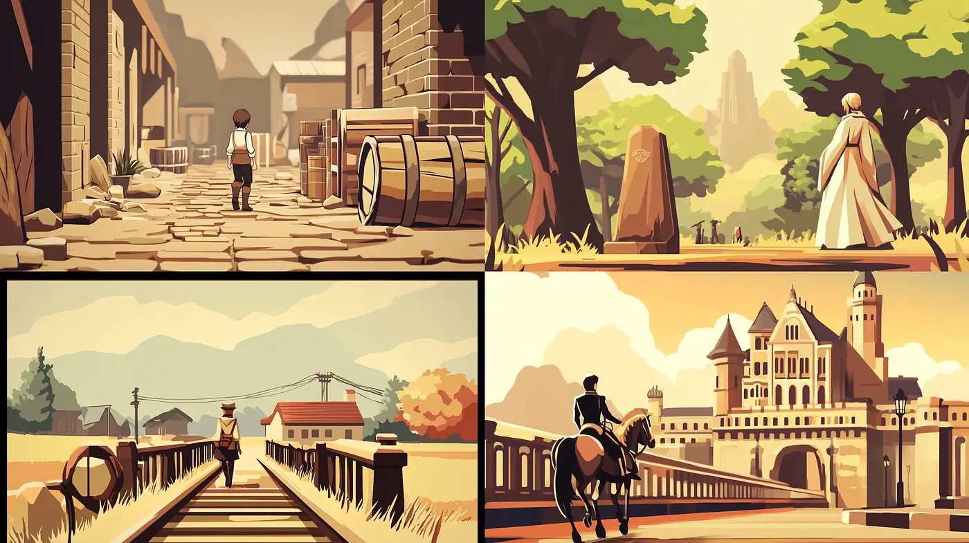 Retro Stylized Scenic Illustrations with Warm Tonal Harmony - Midjourney sref style