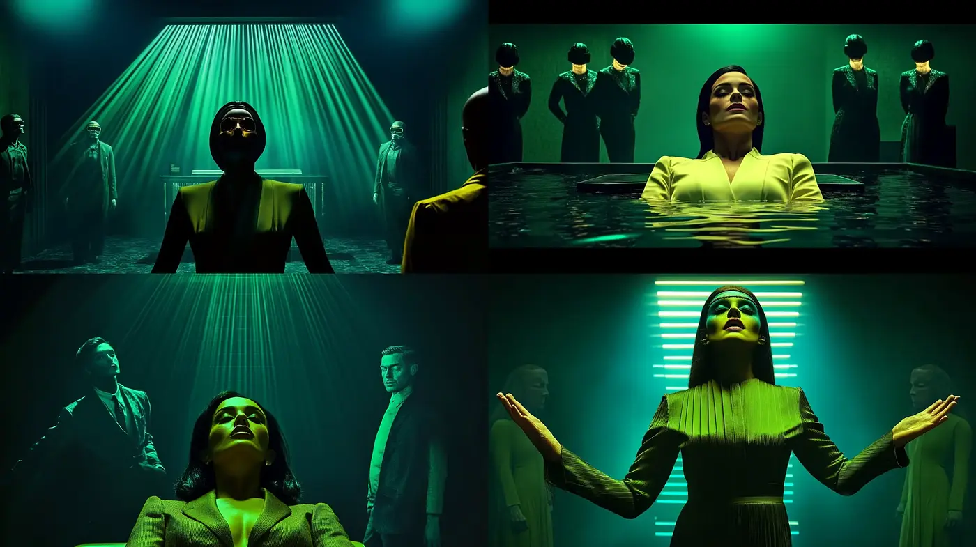 Neo-Noir Cinematic Essence with a Stark Green Monochromatic Scheme - Midjourney sref style