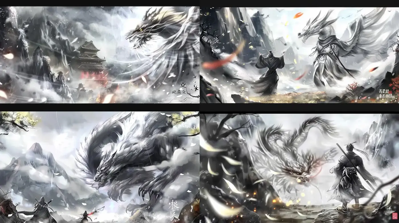 Epic fantasy landscapes with intricate dragon motifs - Midjourney sref style