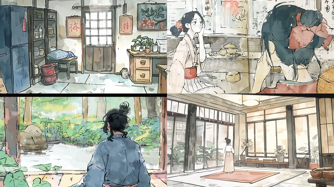 Serene Watercolor Vignettes with a Harmonious Earthy Palette - Midjourney sref style