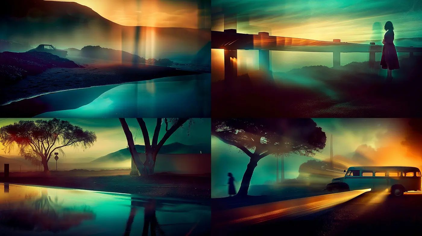 Ethereal Twilight: A Study in Surreal Cinematic Hues and Silhouettes - Midjourney sref style
