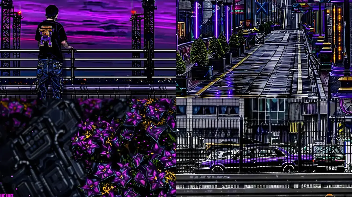 Neon-Noir Cyber Dreamscape with Graphic Novel Vibes - Midjourney sref style
