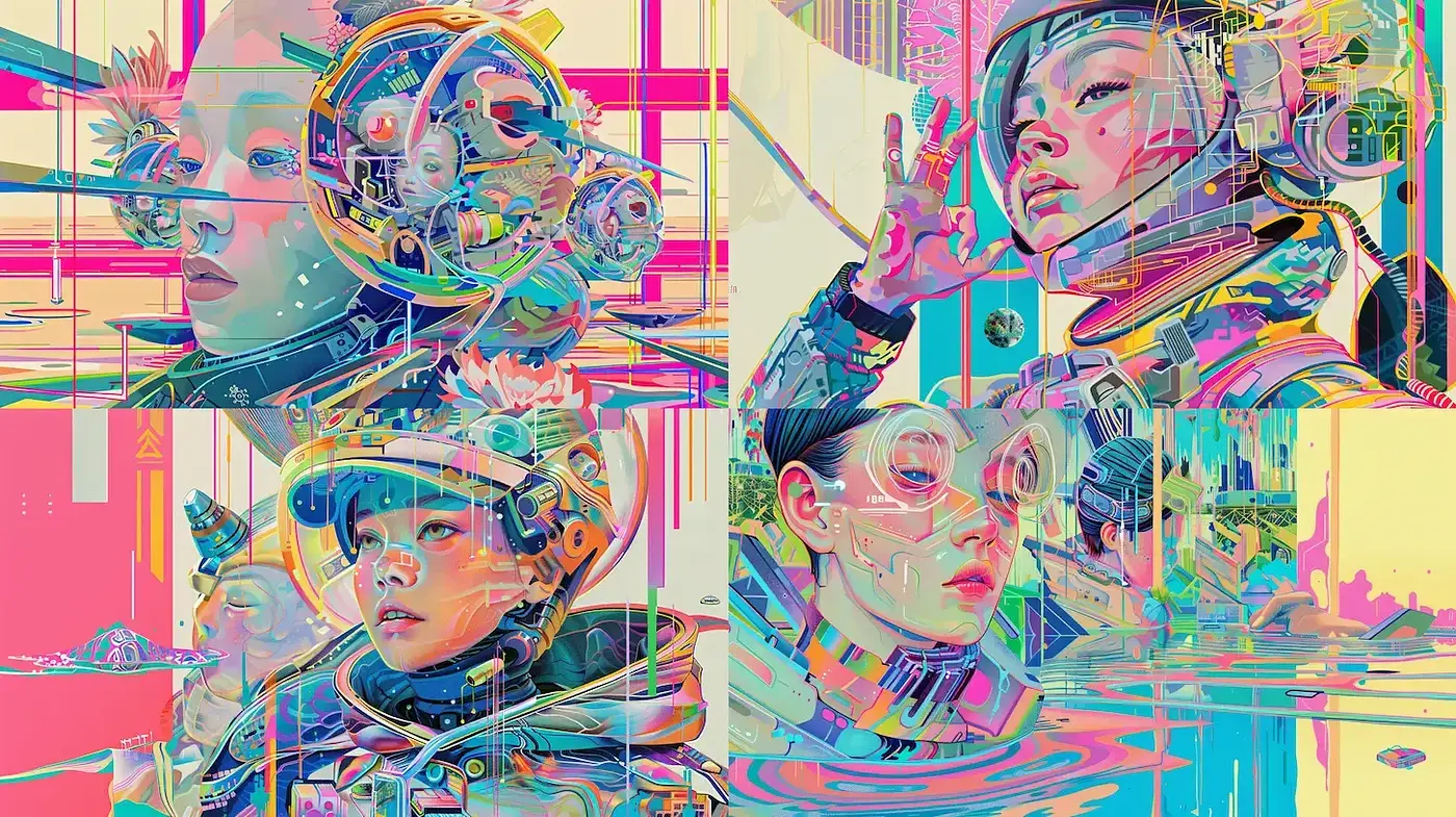 Vibrant Futuristic Surrealism with Retro Touches - Midjourney sref style