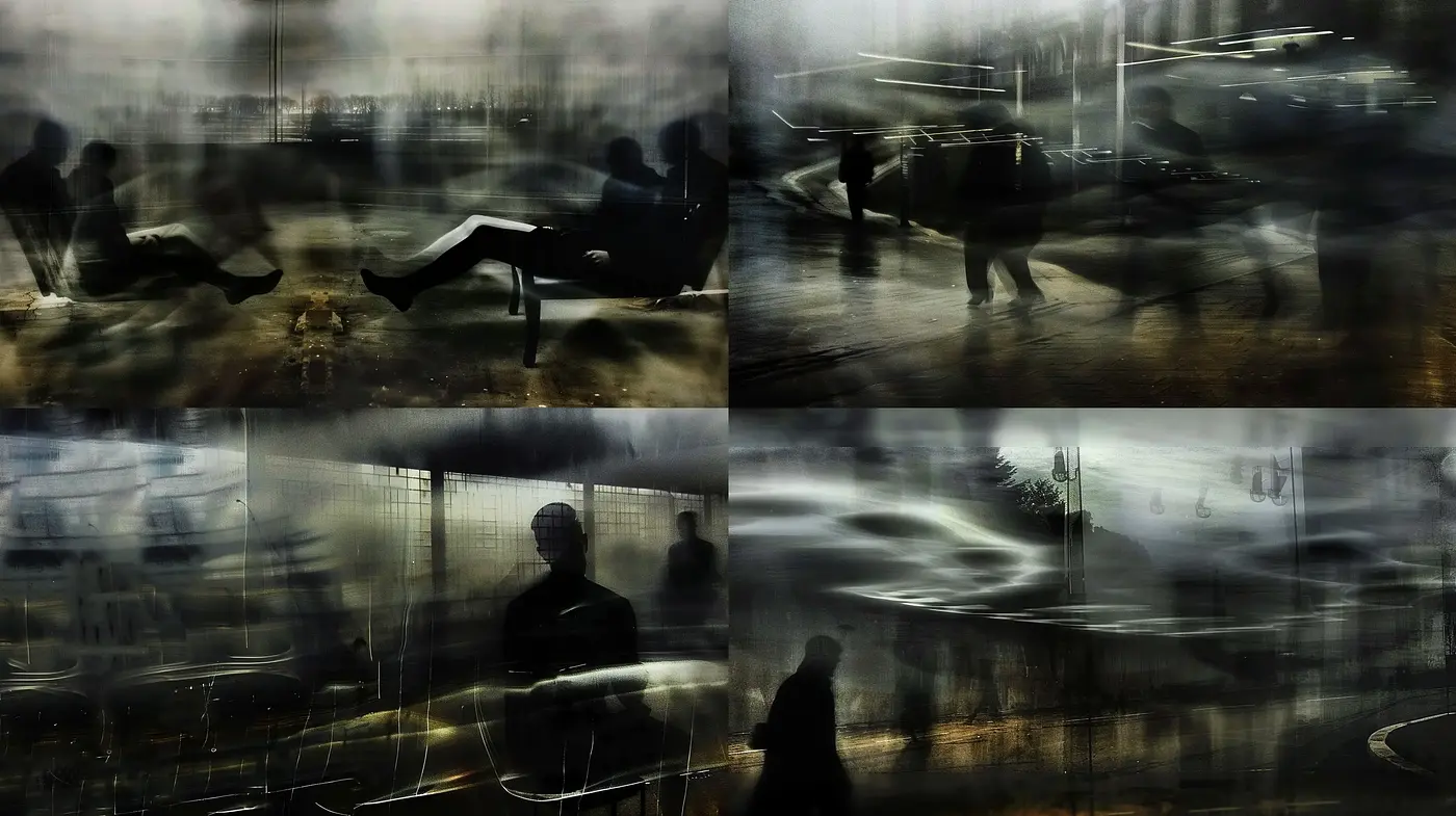 Abstract Noir Vistas: A Fusion of Shadow and Light in Transitional Spaces - Midjourney sref style