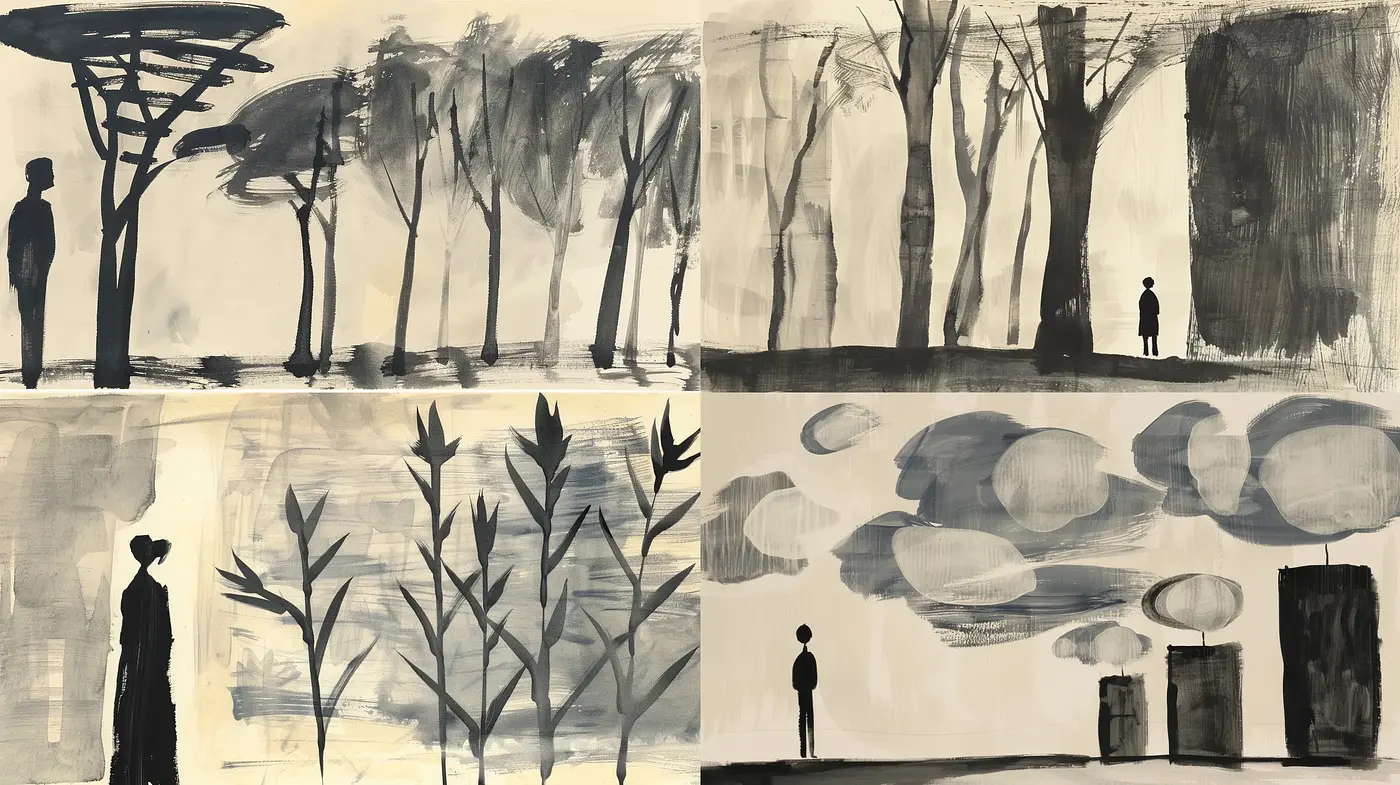 Monochromatic Silhouettes amidst Abstract Scenery - Midjourney sref style