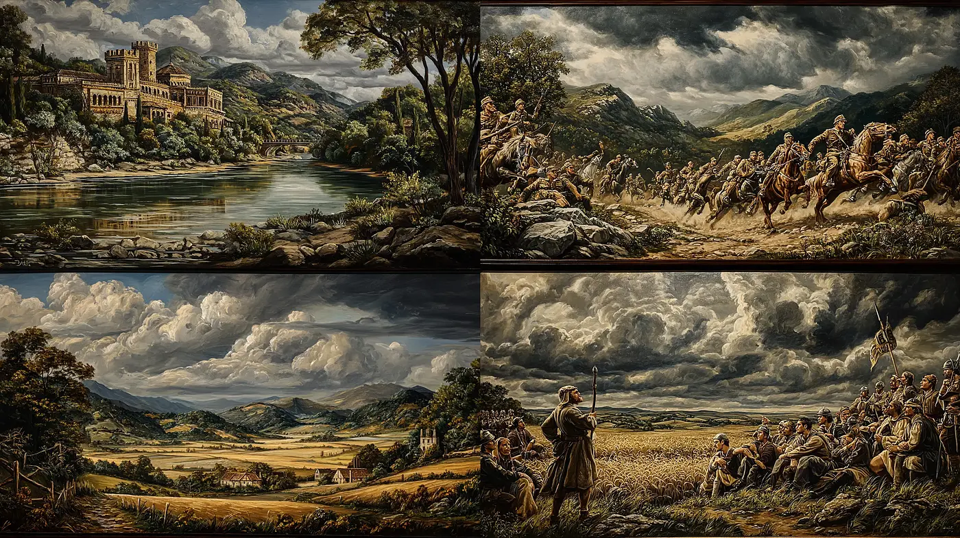 Timeless landscapes infused with historical narratives and dramatic atmospheres - Midjourney sref style