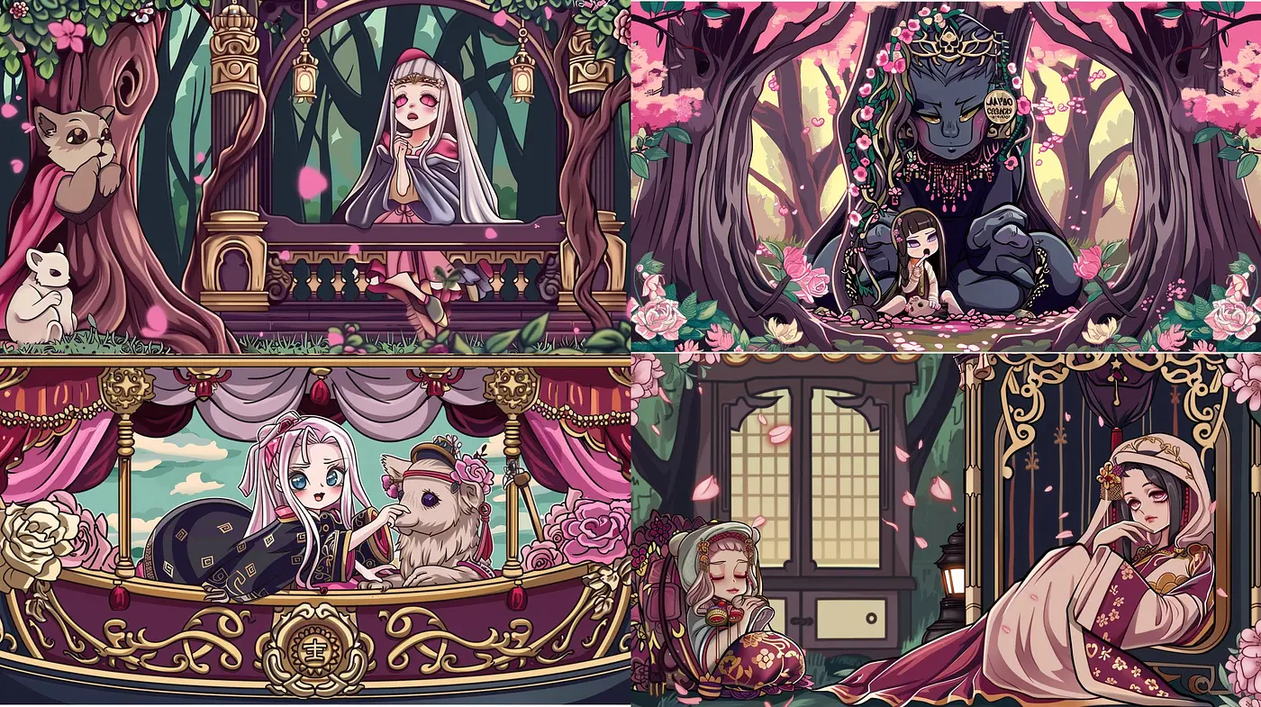 Enchanted Storybook Elegance: A Consistent Palette in Diverse Narratives - Midjourney sref style