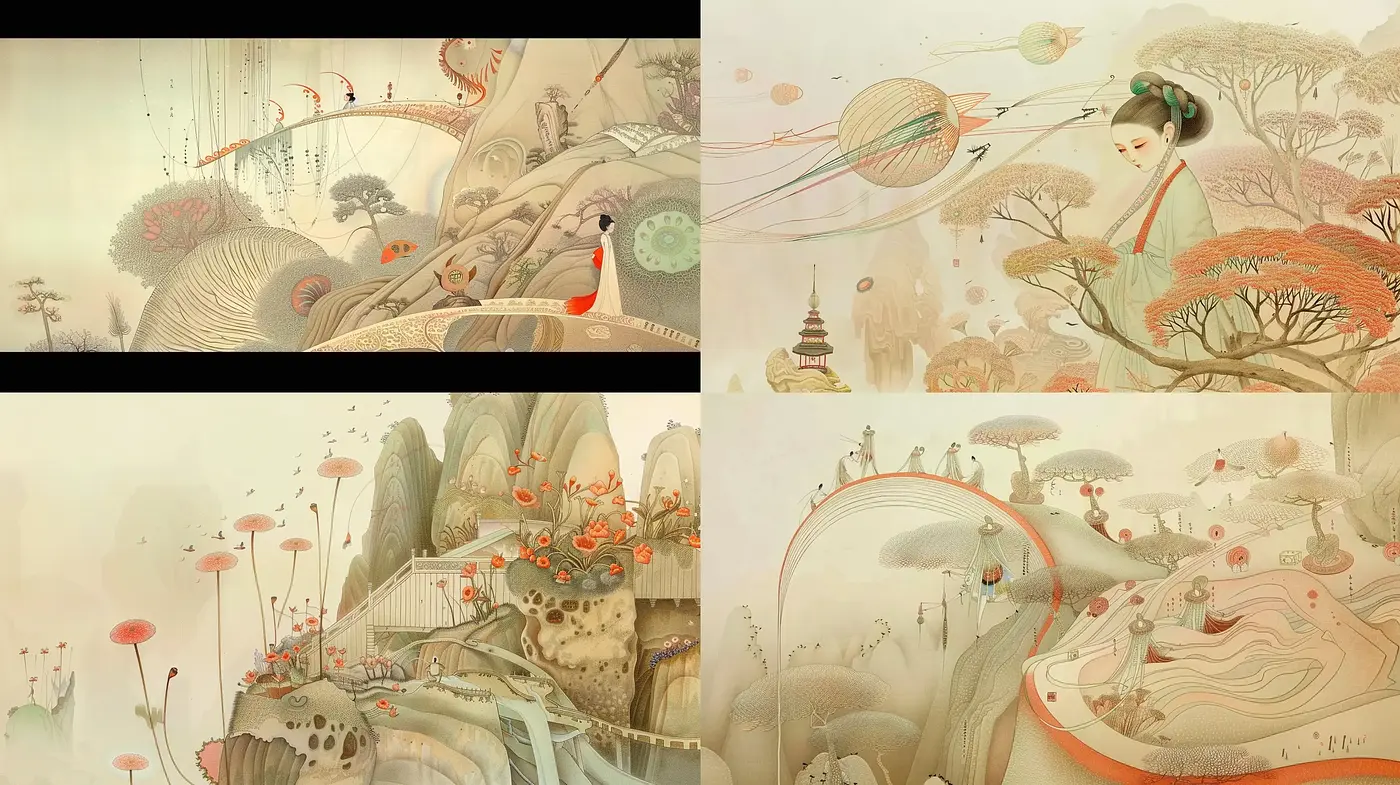 Ethereal East Asian-Inspired Dreamscapes with Surreal Overtones - Midjourney sref style