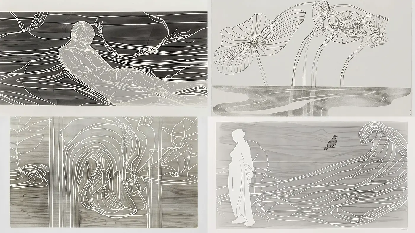Monochromatic Ethereal Flow: A Dance of Lines and Shades - Midjourney sref style