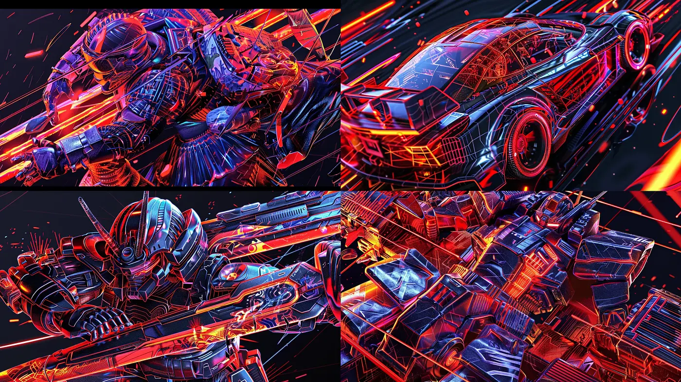 Neon Cyberpunk Aesthetic Blending Futuristic Machinery with Electric Hues - Midjourney sref style