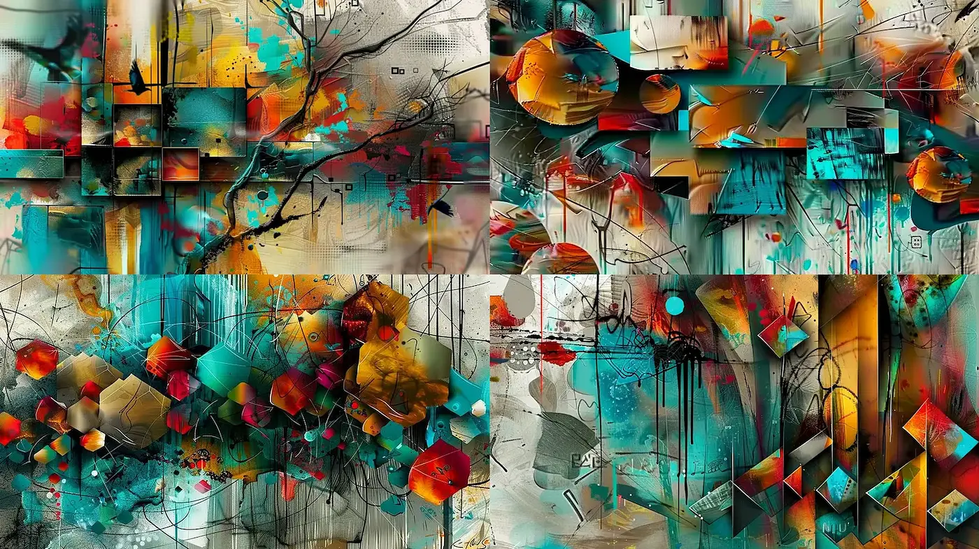 Vibrant Abstract Composition with Geometric Overlays and Dynamic Textures - Midjourney sref style
