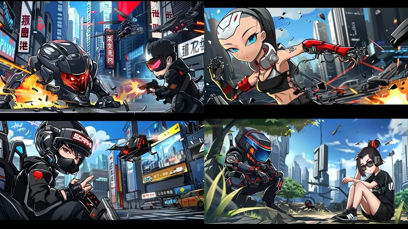 Dynamic Futuristic Anime-Inspired Visuals with a Cyberpunk Essence - Midjourney sref style