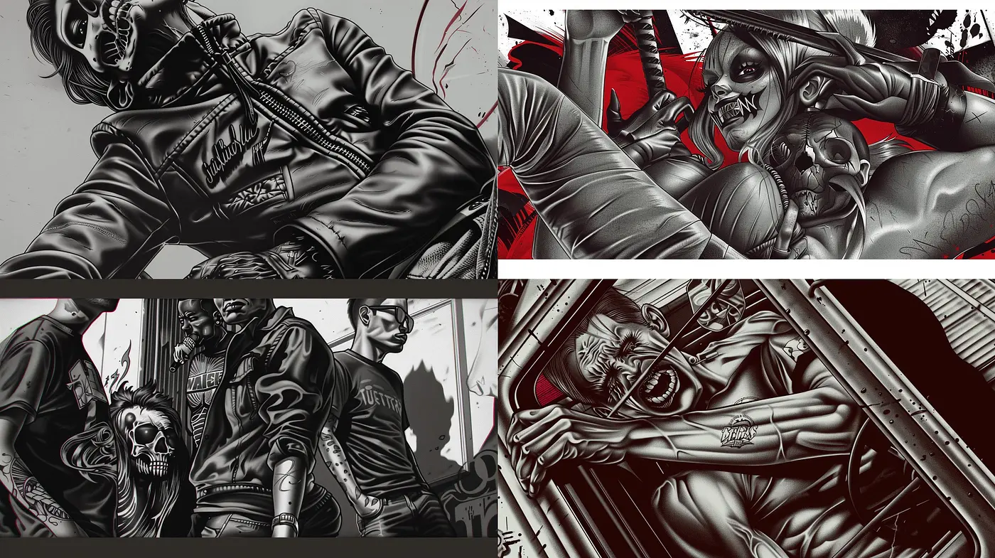 Monochromatic Grayscale with Vivid Red Accent in Graphic Novel Art Style - Midjourney sref style