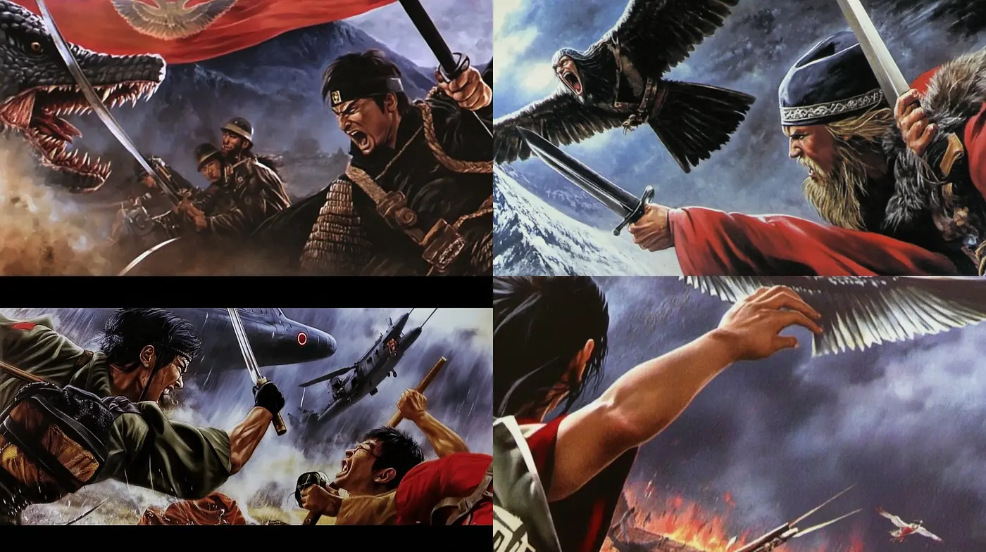 Dynamic and Epic Battle Scenes with a Rich Narrative Quality - Midjourney sref style