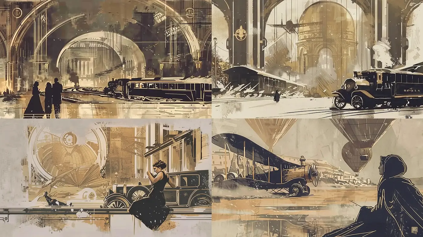 Sepia-Toned Retrofuturistic Visions with Art Deco Overtones - Midjourney sref style