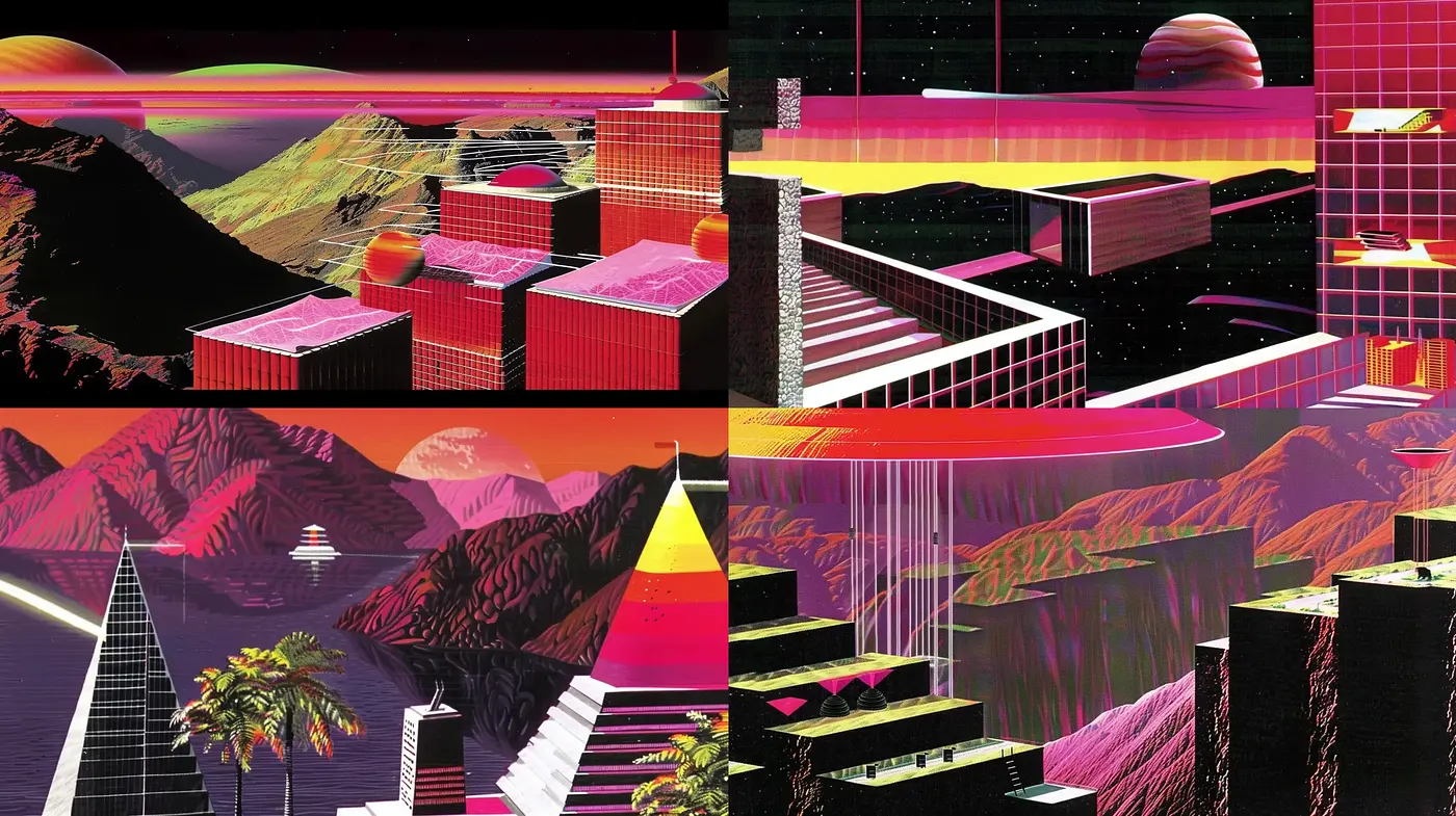 Synthwave Fusion Landscapes with Surrealist Touches - Midjourney sref style