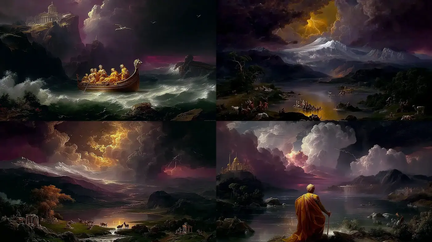 Dramatic and ethereal landscapes with classical influences - Midjourney sref style