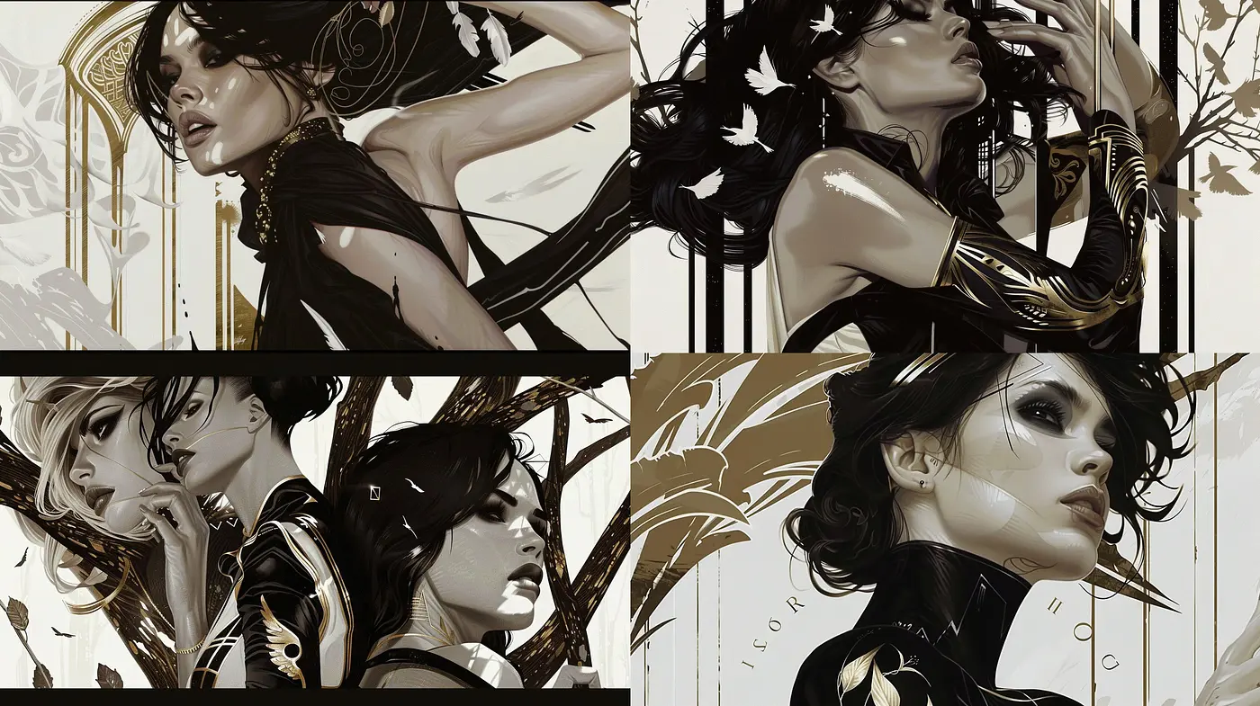 Ethereal Monochrome Elegance with Golden Accents and Dynamic Forms - Midjourney sref style