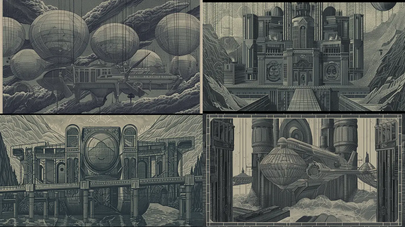 Monochromatic Retro-Futuristic Etching Style - Midjourney sref style