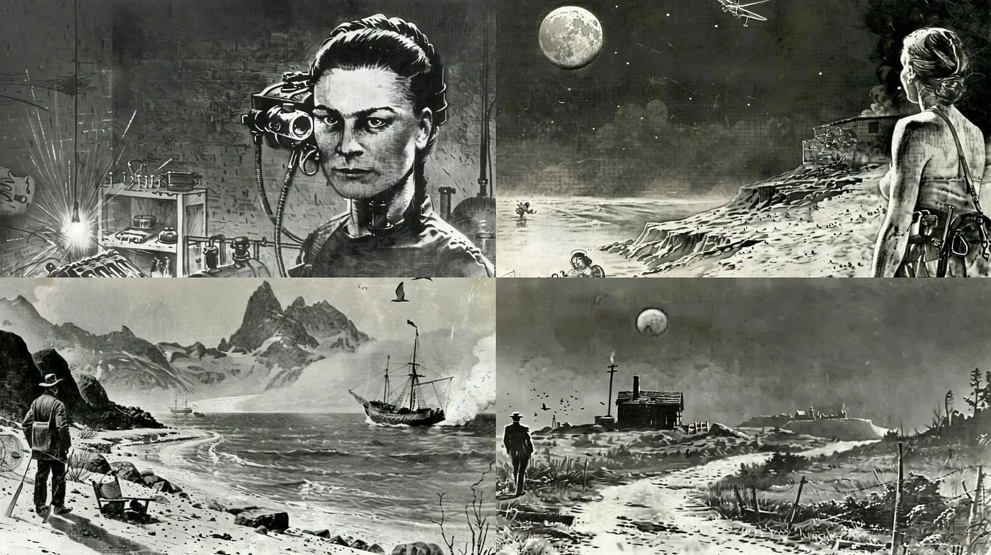 Monochromatic Sci-fi Odyssey: A Homage to Vintage Space Exploration Art - Midjourney sref style