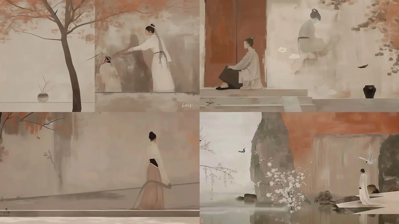 Serene Sepia Tones in East Asian-Inspired Ethereal Artscapes - Midjourney sref style
