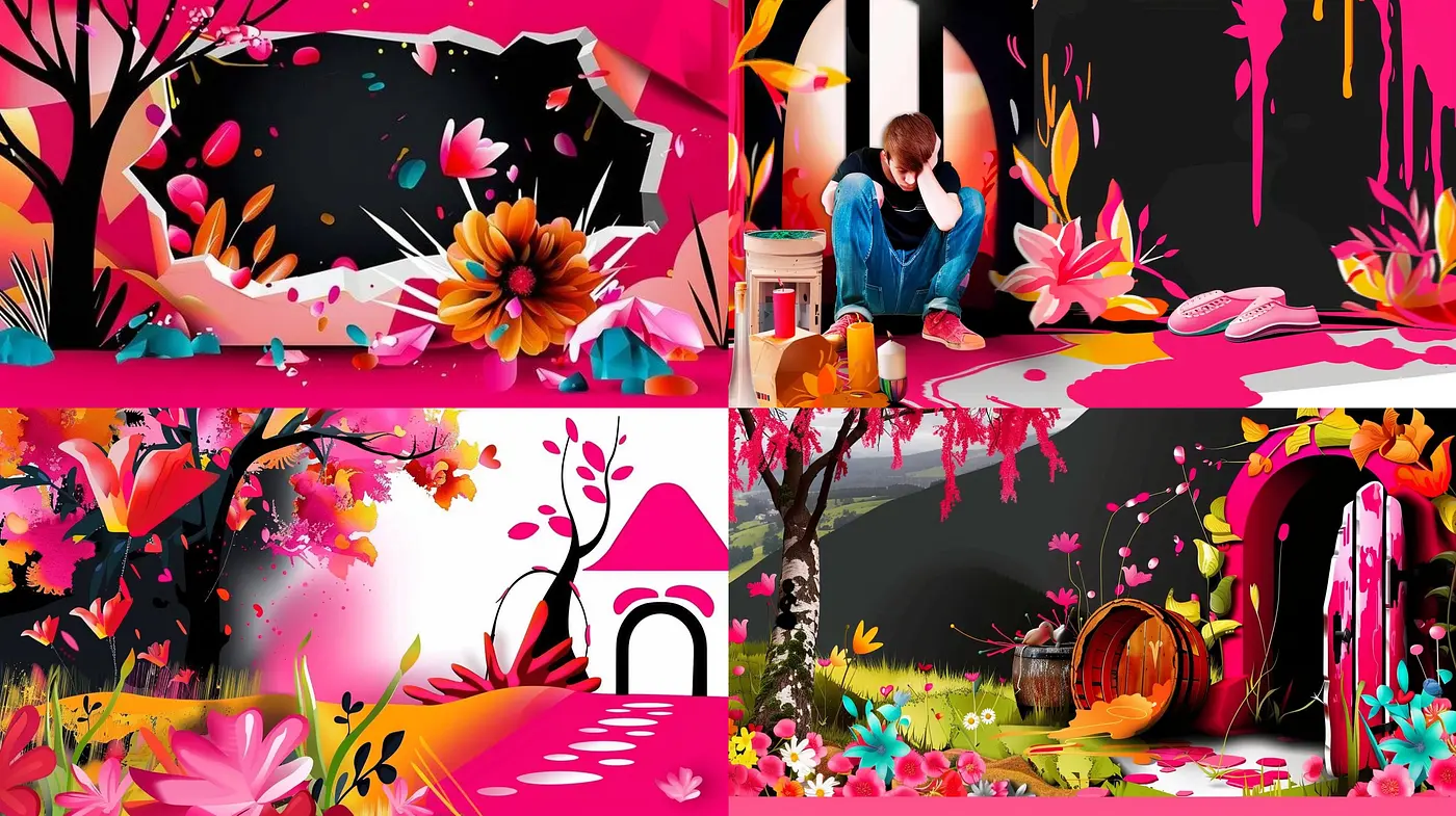 Vibrant Fuchsia Fantasy: A Digital Dreamscape of Vivid Tones and Expressive Flora - Midjourney sref style