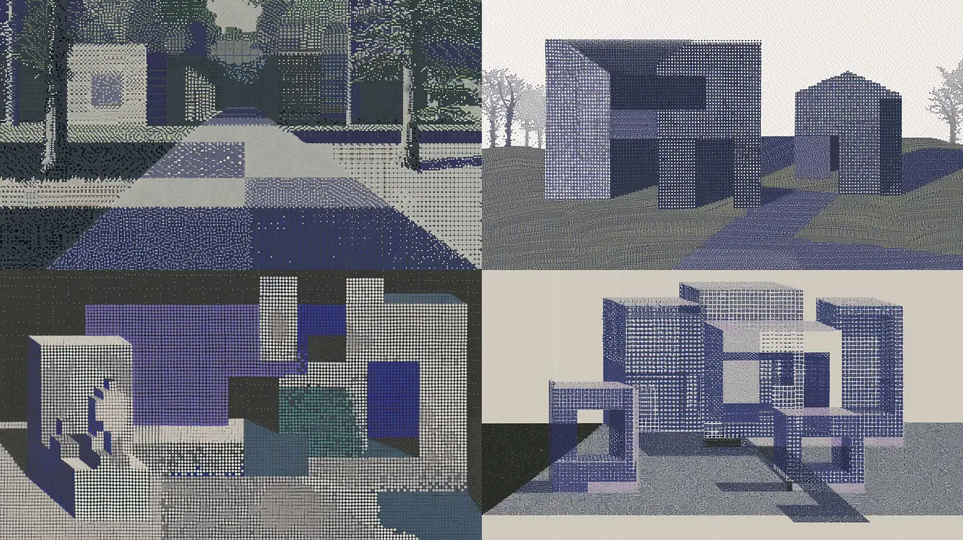 Monochromatic Cyanotype Architectural Dreamscape - Midjourney sref style