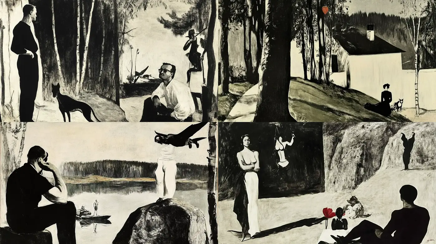 Monochromatic Narrative Montage with Expressionist Undertones - Midjourney sref style