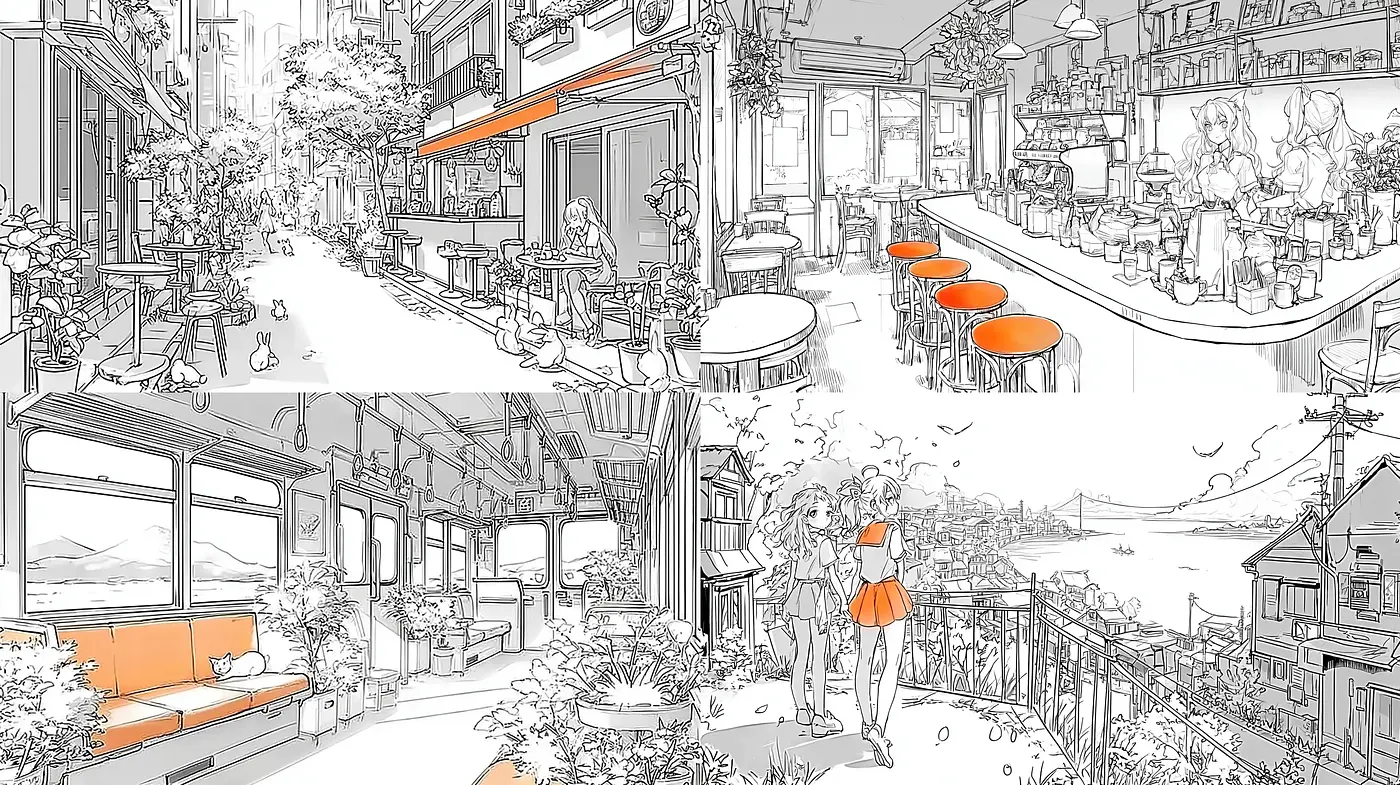 Contemporary Urban Sketch with a Playful Aesthetic and Warm Accents - Midjourney sref style