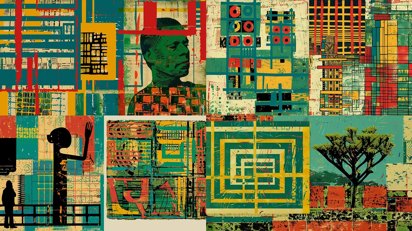 Eclectic Tapestry of Geometric Abstraction and Urban Texture - Midjourney sref style