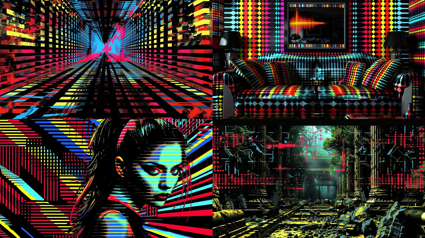Vibrant Cyberpunk Tapestry: A Fusion of Neon Luminescence and Digital Textures - Midjourney sref style
