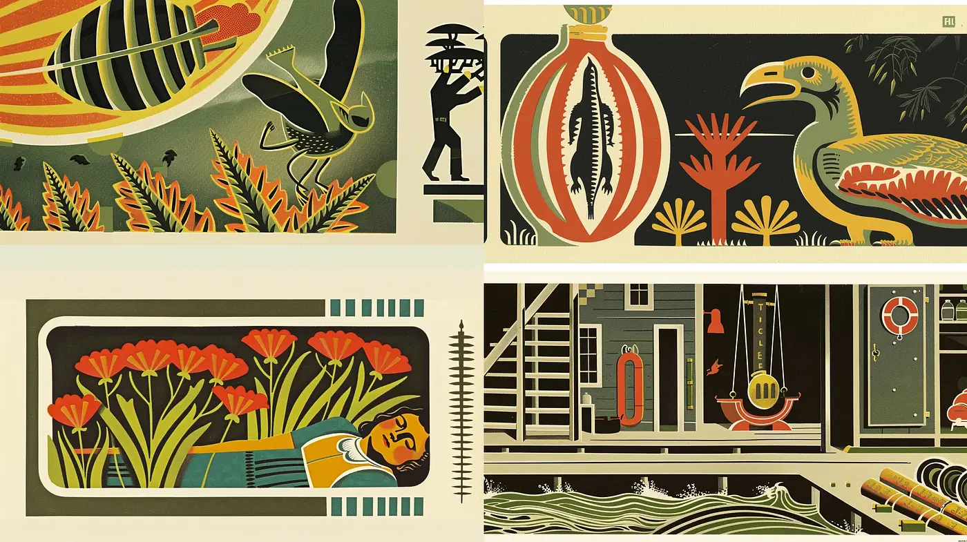 Retro Botanical Dreamscape with Art Deco Elegance - Midjourney sref style