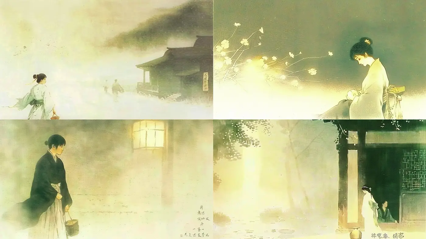 Ethereal Mists of Time: A Subdued Dance of Asian Ink and Watercolor Fusion - Midjourney sref style