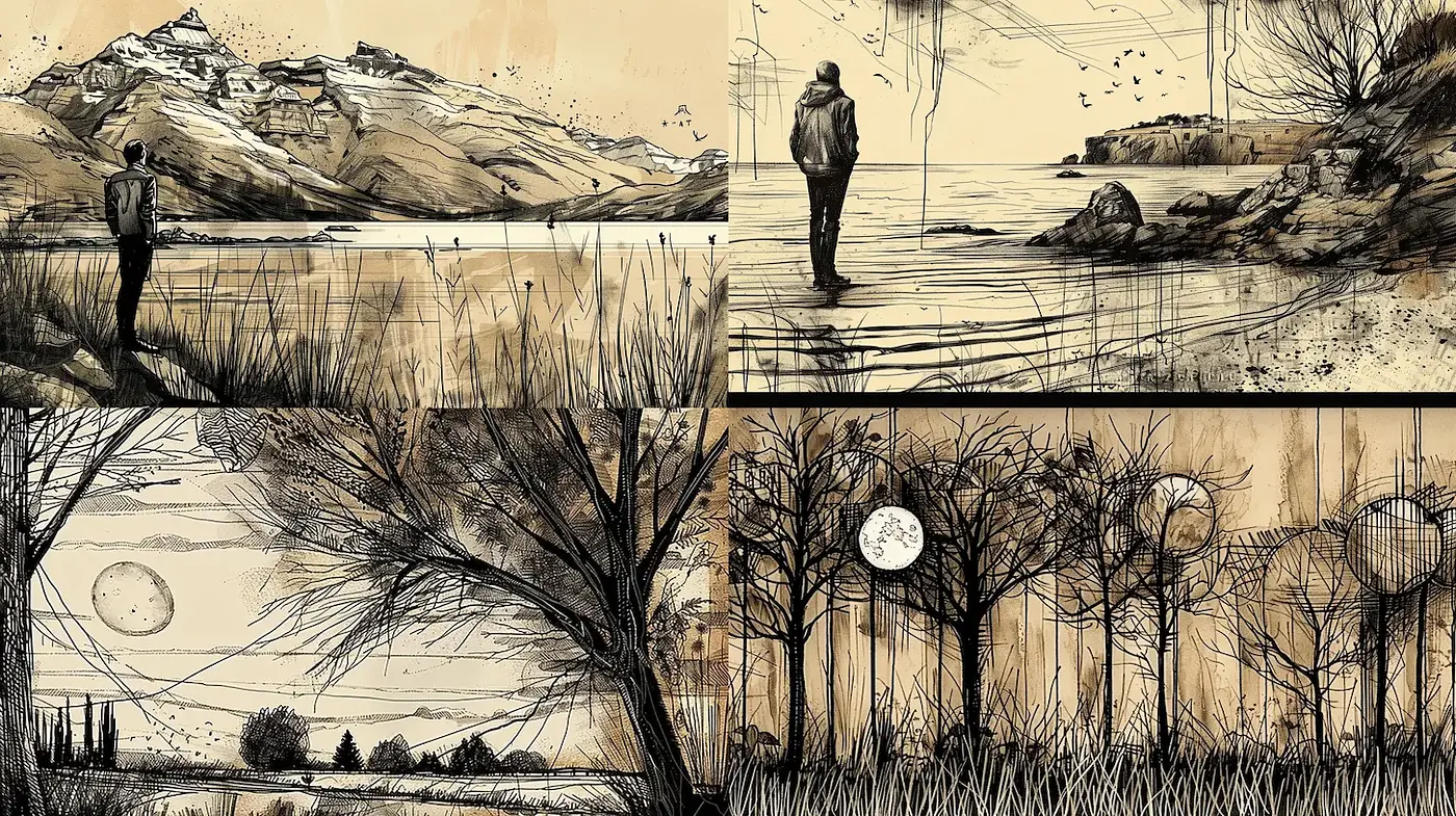 Nature-inspired sketches with a vintage, atmospheric allure - Midjourney sref style