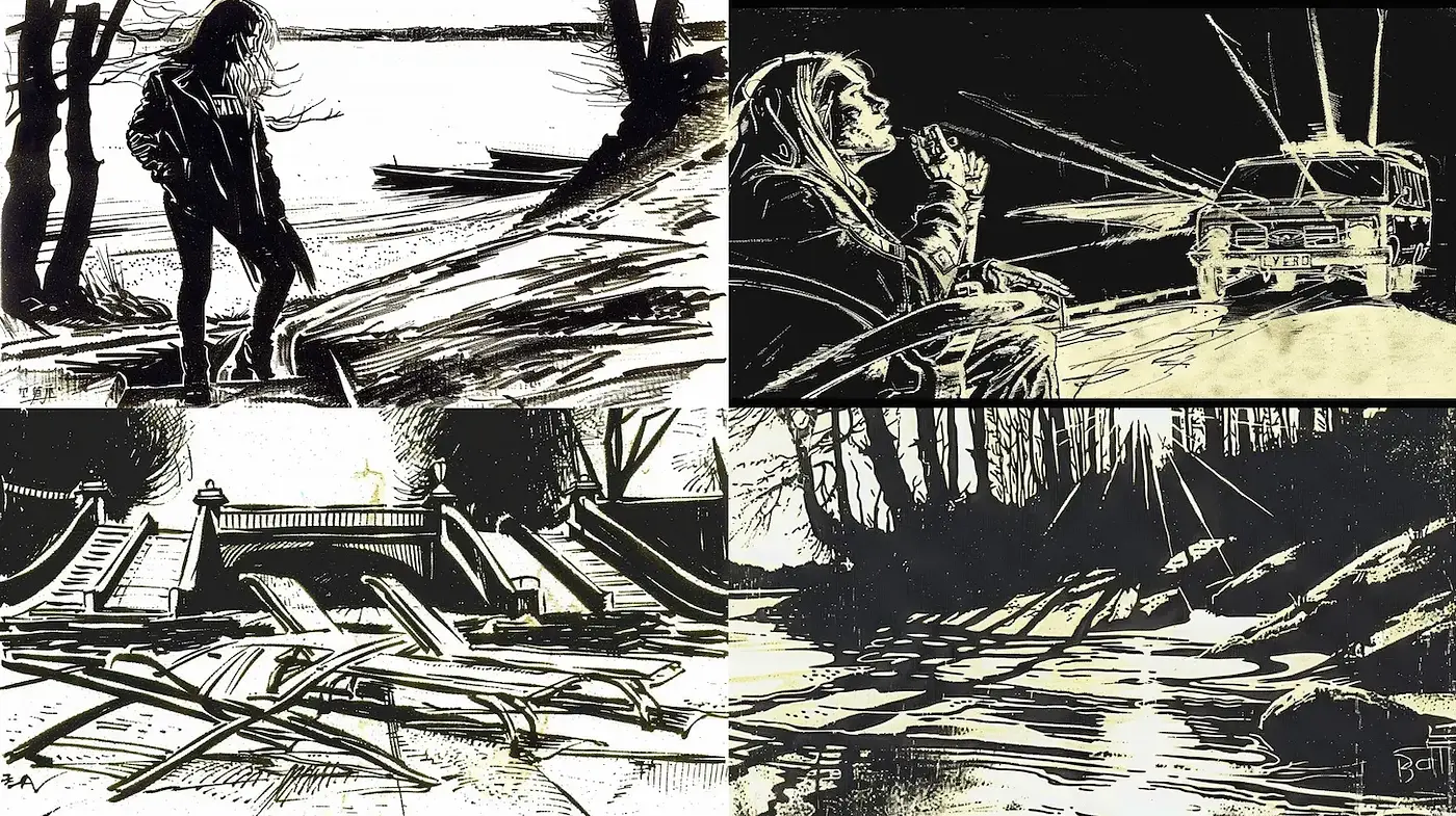 Dynamic Ink Illustrations with a Dark, Cinematic Atmosphere - Midjourney sref style