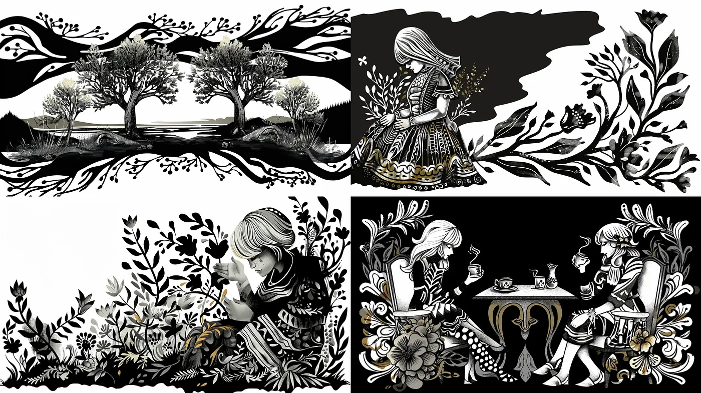 Monochromatic Elegance of Stylized Botanicals and Whimsical Scenes - Midjourney sref style
