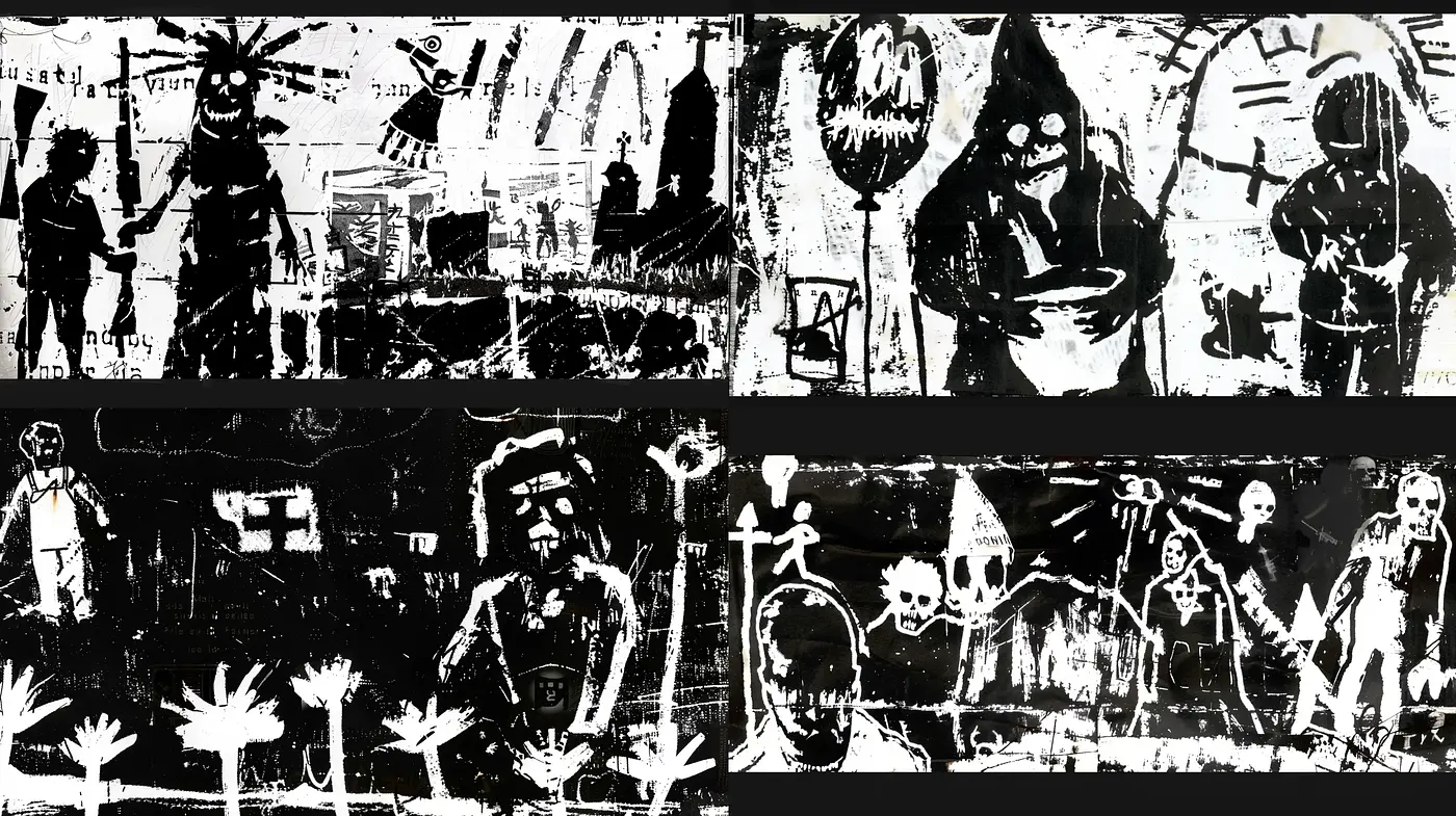 Monochromatic Abstract Storytelling - A Contemporary Fusion of Graffiti Art and Figurative Expressionism - Midjourney sref style