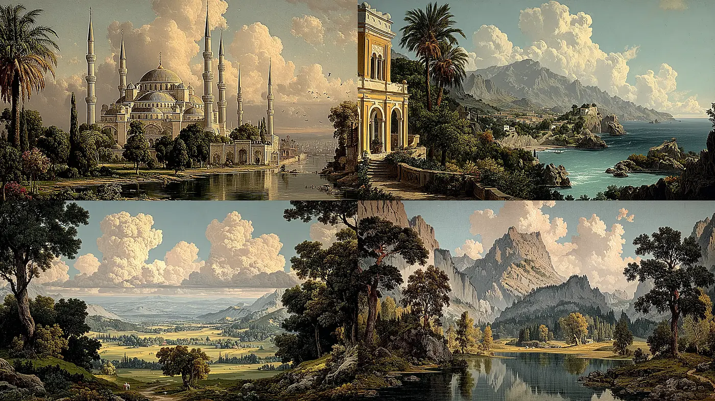 Serene Landscapes with Harmonious Elements and Classical Influences - Midjourney sref style
