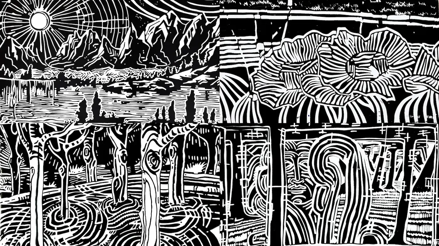 Stylized Linear Textures with Organic Motifs and Dynamic Composition - Midjourney sref style