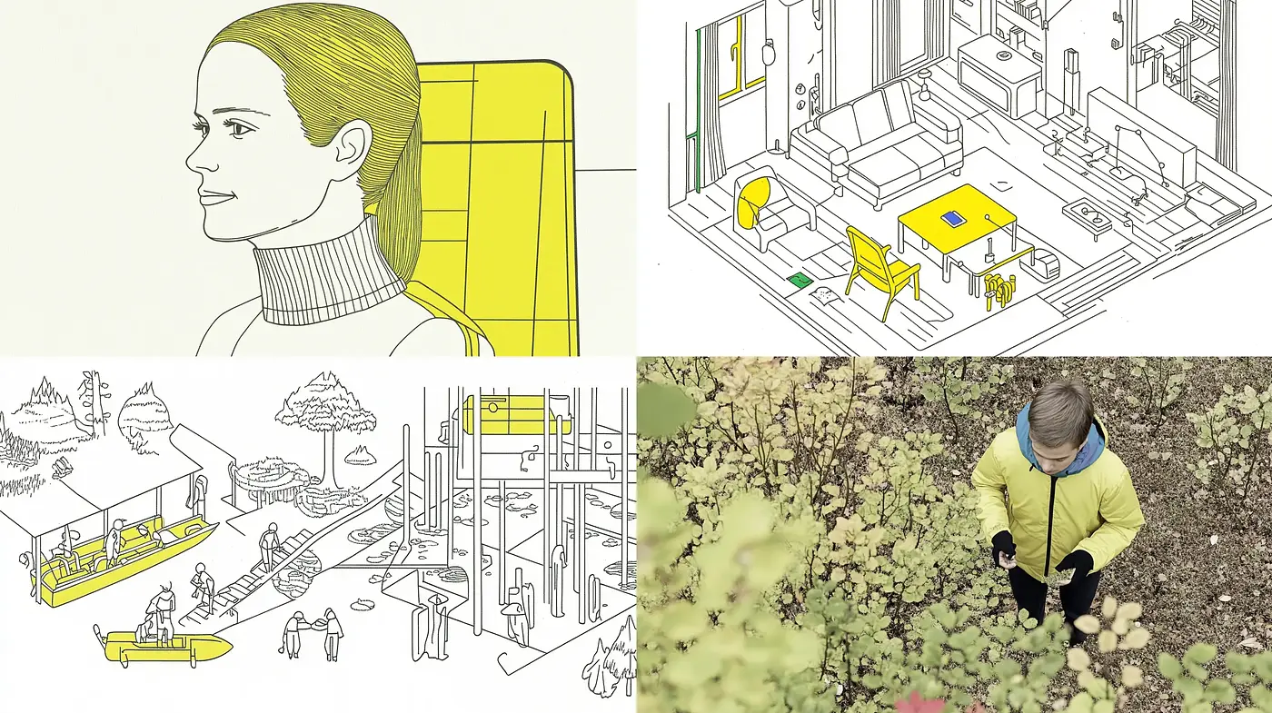 Lively Line Art Fusion with a Harmonious Yellow Emphasis - Midjourney sref style