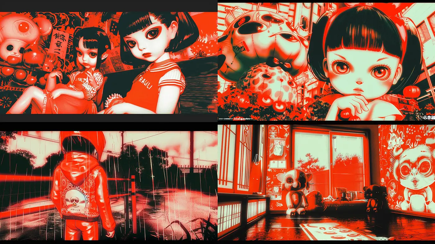 Monochromatic Red with Anime Influence and Surreal Undertones - Midjourney sref style