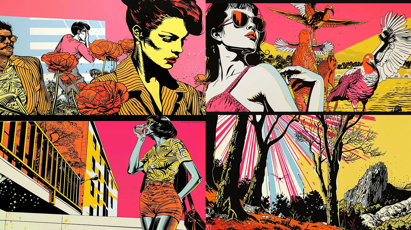 Retro Pop Art Panache: A Synchronized Symphony of Vivid Hues and Bold Linework - Midjourney sref style